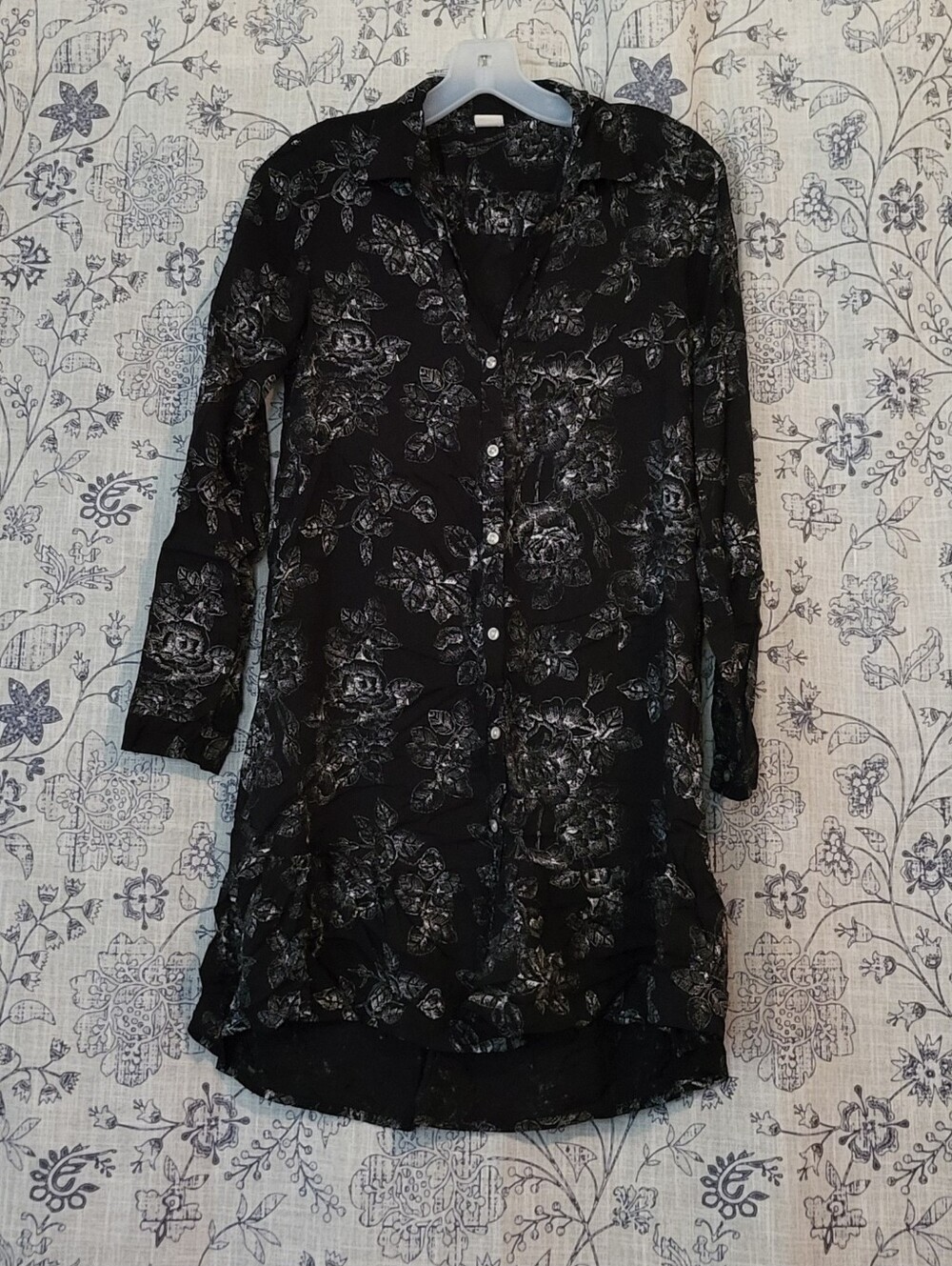 Wild Pearl Black and White Rose Patterned Floral Ruffle Hem Button Shirt